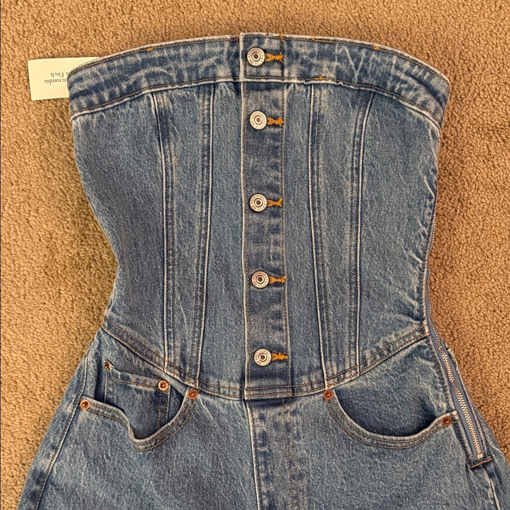 Abercrombie & Fitch Button-Up Blue Wide Leg Jeans Romper - Picture 2 of 5